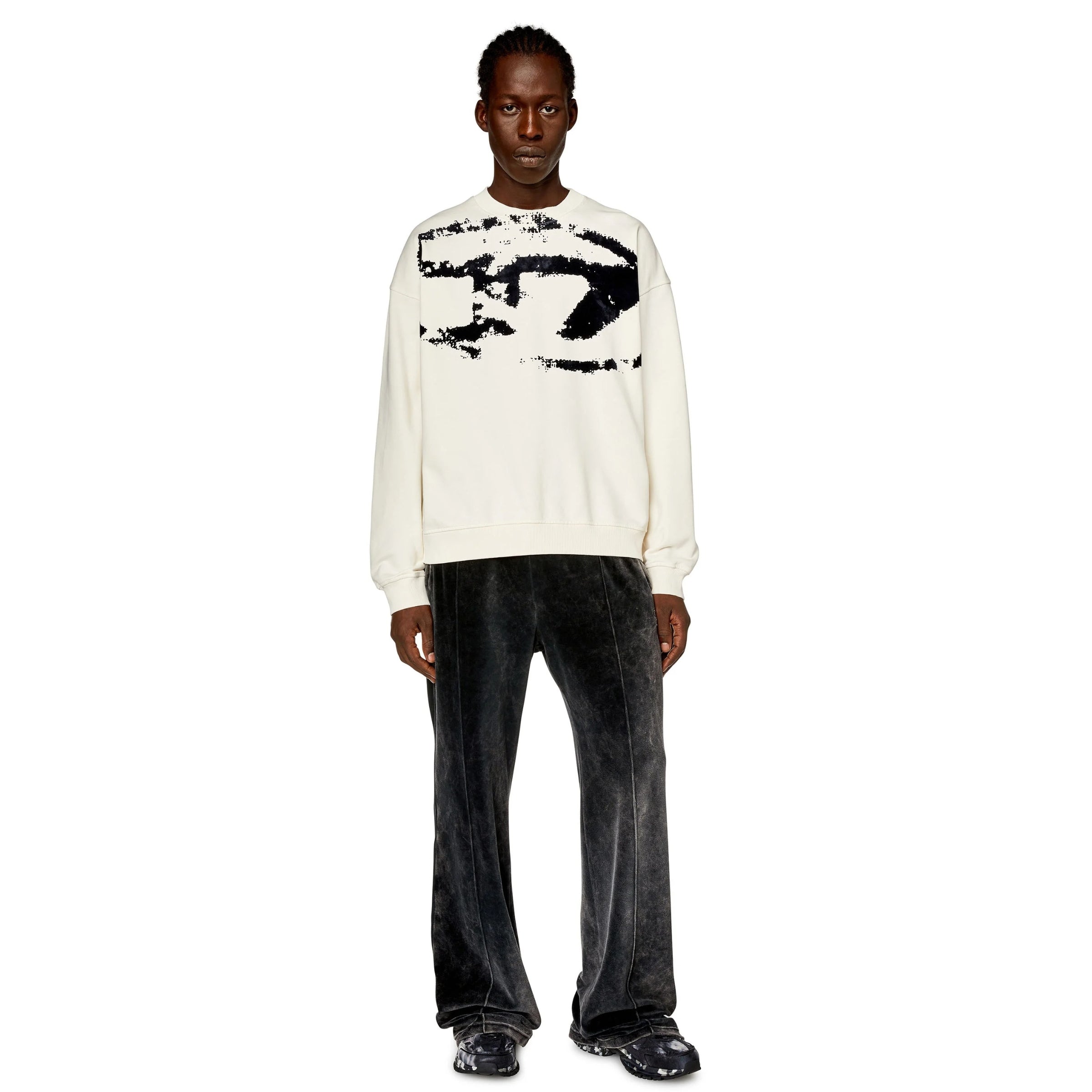Diesel Sweater Distressed Flocked Logo White-Black